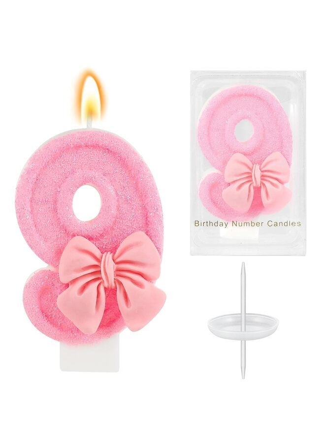 LAMAY Pink Number Birthday Candle, Girl Birthday Party Pink Theme Decorations Supplies, 3D Bow Designed Glitter Pink Number Candles for Birthday Cake Topper Decorations (9#) - Image 1