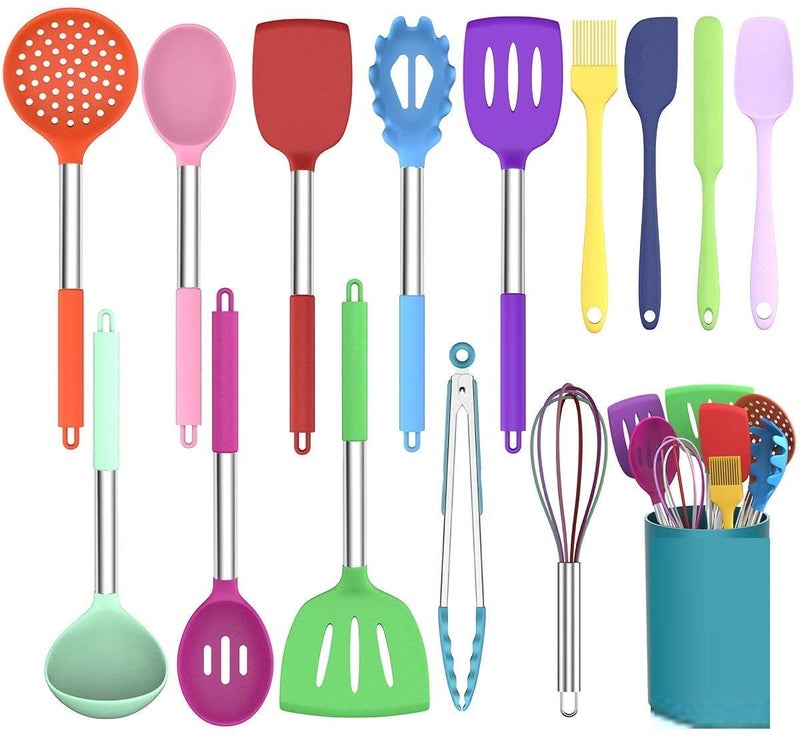 Ziaon Silicone Cooking Utensil Kitchen Utensils Set 14 Pcs, Non-Stick Silicone Stainless Steel Handle Turner Spatula Spoon Tongs Whisk Cookware - Multi Colour - Image 1