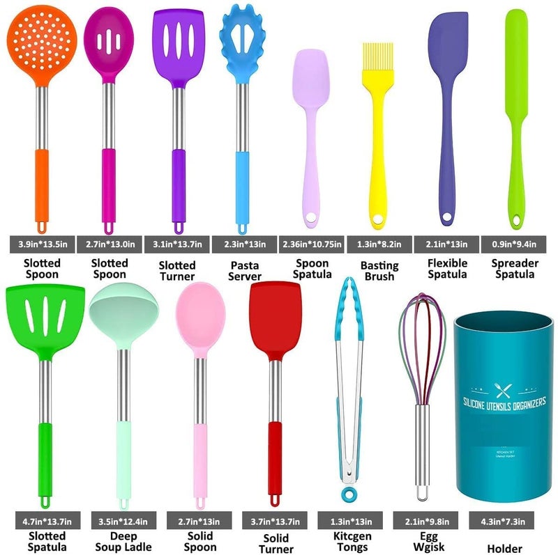 Ziaon Silicone Cooking Utensil Kitchen Utensils Set 14 Pcs, Non-Stick Silicone Stainless Steel Handle Turner Spatula Spoon Tongs Whisk Cookware - Multi Colour - Image 2