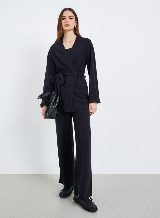Styli Women Black Longline Belted Cardigan and Pants Co-Ords - Image 2