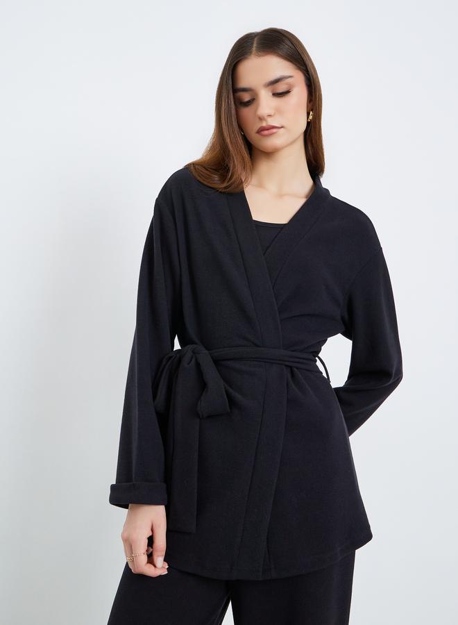Styli Women Black Longline Belted Cardigan and Pants Co-Ords - Image 3