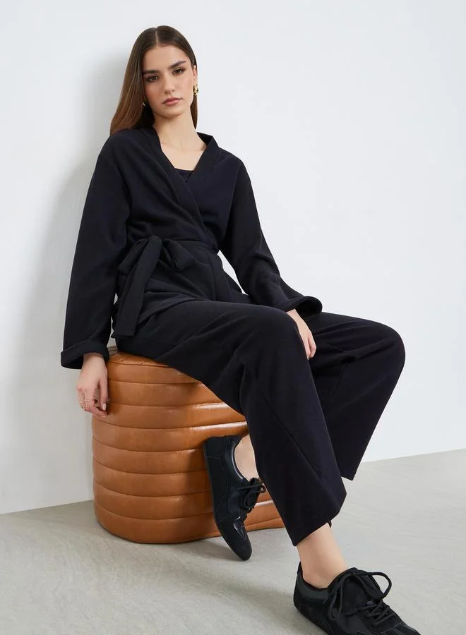 Styli Women Black Longline Belted Cardigan and Pants Co-Ords