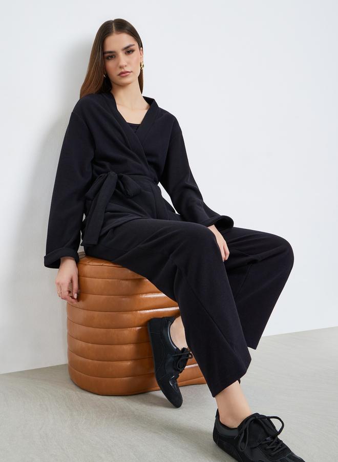 Styli Women Black Longline Belted Cardigan and Pants Co-Ords - Image 1