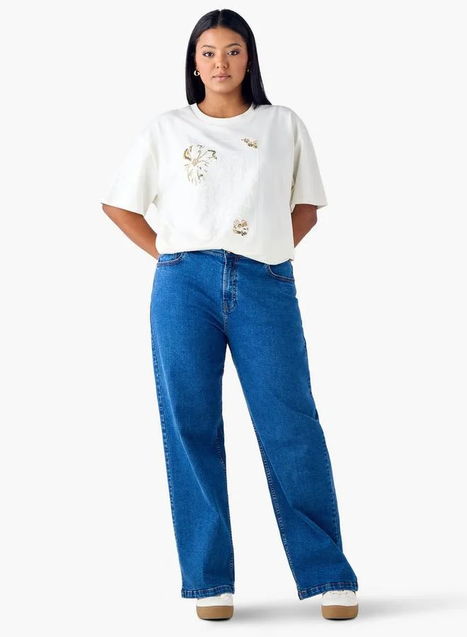 Ulla Popken Plus Size Ulla Popken Floral Embellished T-shirt with Crew Neck