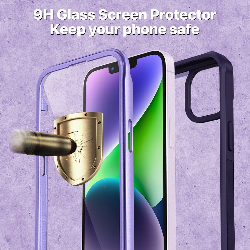 CENHUFO Compatible with iPhone 14 Plus Case Built-in Glass Screen Protector with Camera Lens Protector, 360°Full Body Heavy Duty Protective Phone Case for iPhone 14 Plus case Shockproof -Purple Defect free upgraded substance - Image 3