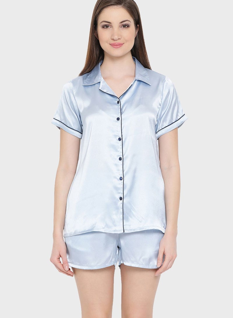 Clovia Satin Button Down Shirt & Shorts  - Image 1