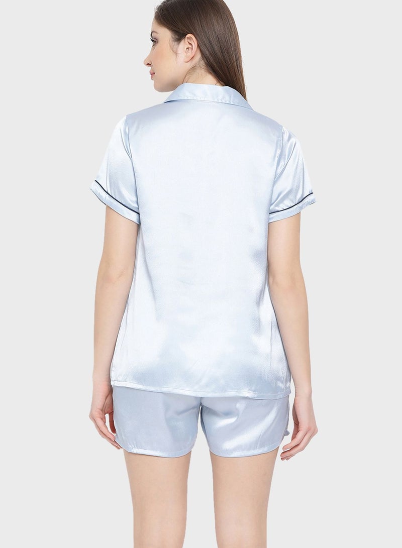 Clovia Satin Button Down Shirt & Shorts  - Image 2