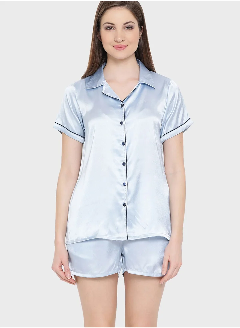 Clovia Satin Button Down Shirt & Shorts