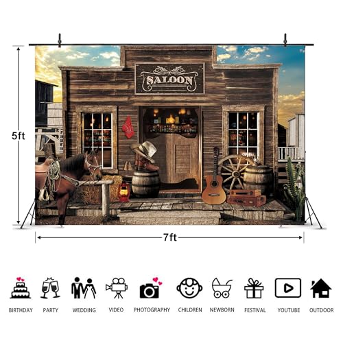 Imirell Western Saloon Cowboy Backdrop 7Wx5H Feet Country Vintage Bar Wild West Ranch Texas Vaque Horse Barn Door Cowgirl Baby Shower Birthday Photography Background Photo Shoot Decor Props Decoration - Image 3