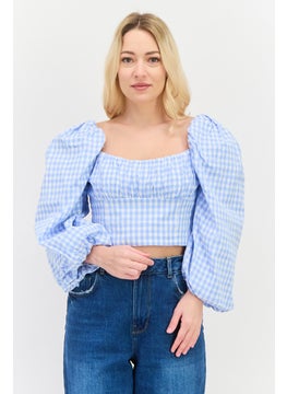 Women Square Neck Balloon Sleeves Gingham Crop Top, Light Blue