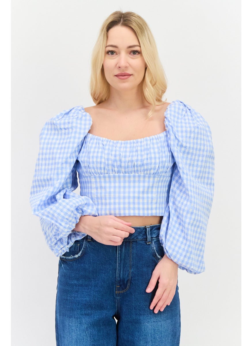 forever new - Women Square Neck Balloon Sleeves Gingham Crop Top, Light Blue - Image 1