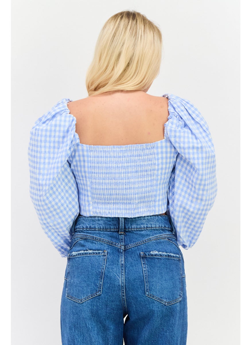 forever new - Women Square Neck Balloon Sleeves Gingham Crop Top, Light Blue - Image 1