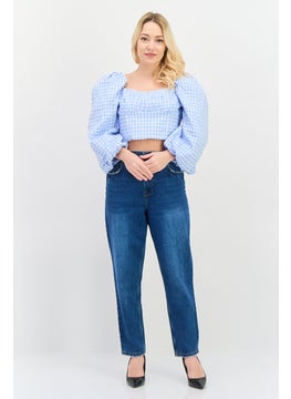 forever new Women Square Neck Balloon Sleeves Gingham Crop Top, Light Blue  - Image 4