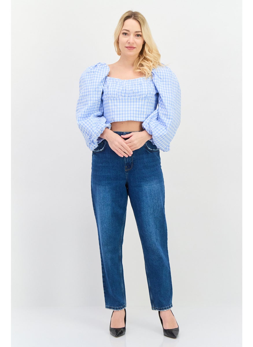 forever new - Women Square Neck Balloon Sleeves Gingham Crop Top, Light Blue - Image 1