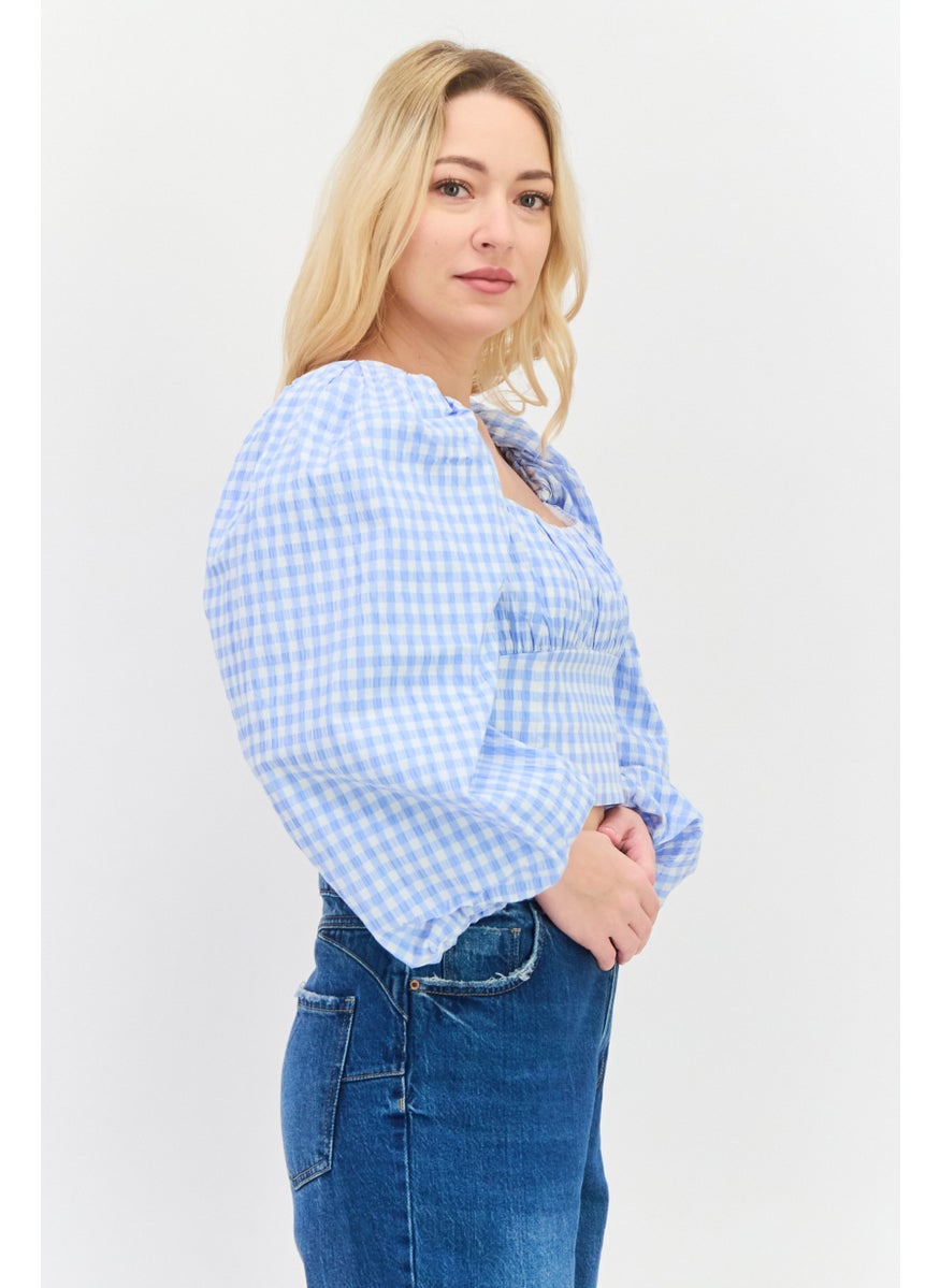 forever new - Women Square Neck Balloon Sleeves Gingham Crop Top, Light Blue - Image 1