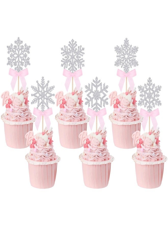YooNotee 24 Pcs Silver Snowflake Cupcake Toppers with Pink Bow Glitter Winter Cupcake Picks Little Snowflake Baby Shower Cake Decorations for Winter Wonderland Christmas Party - Image 1