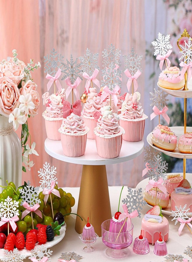 YooNotee 24 Pcs Silver Snowflake Cupcake Toppers with Pink Bow Glitter Winter Cupcake Picks Little Snowflake Baby Shower Cake Decorations for Winter Wonderland Christmas Party - Image 3
