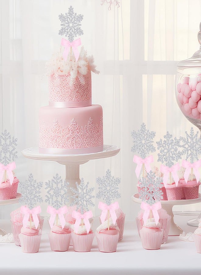 YooNotee 24 Pcs Silver Snowflake Cupcake Toppers with Pink Bow Glitter Winter Cupcake Picks Little Snowflake Baby Shower Cake Decorations for Winter Wonderland Christmas Party - Image 5