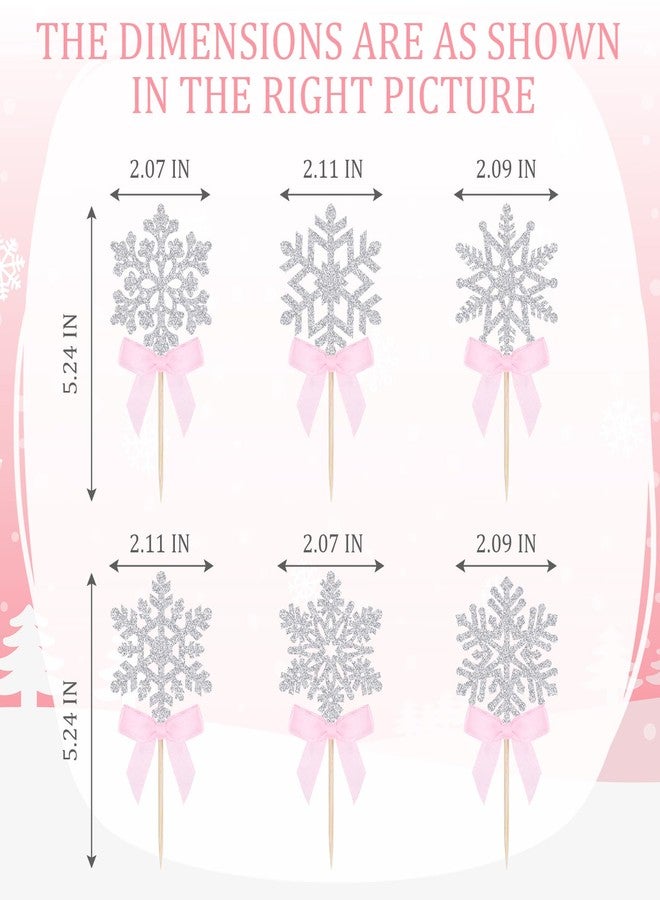 YooNotee 24 Pcs Silver Snowflake Cupcake Toppers with Pink Bow Glitter Winter Cupcake Picks Little Snowflake Baby Shower Cake Decorations for Winter Wonderland Christmas Party - Image 2