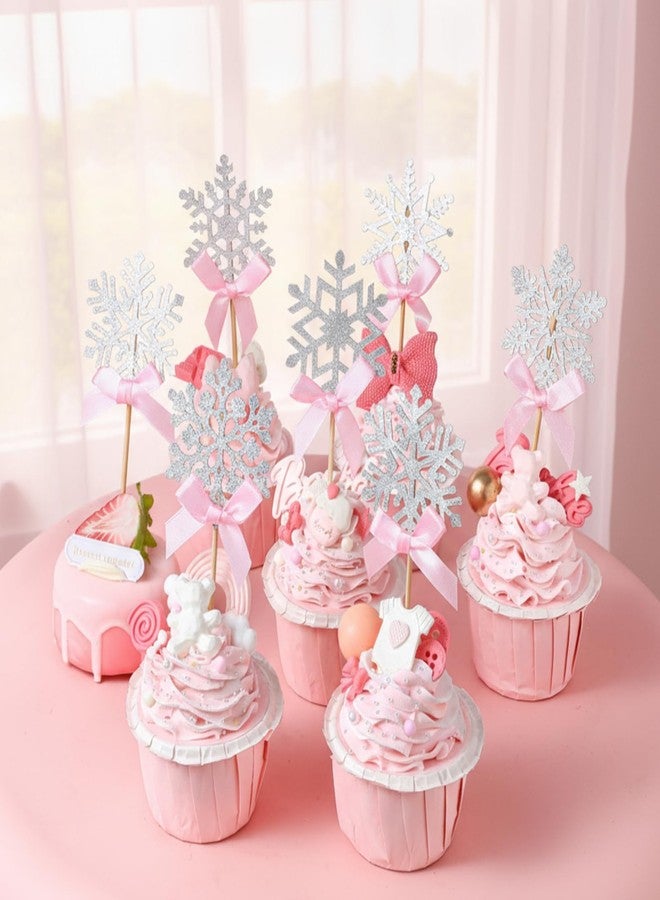 YooNotee 24 Pcs Silver Snowflake Cupcake Toppers with Pink Bow Glitter Winter Cupcake Picks Little Snowflake Baby Shower Cake Decorations for Winter Wonderland Christmas Party - Image 4