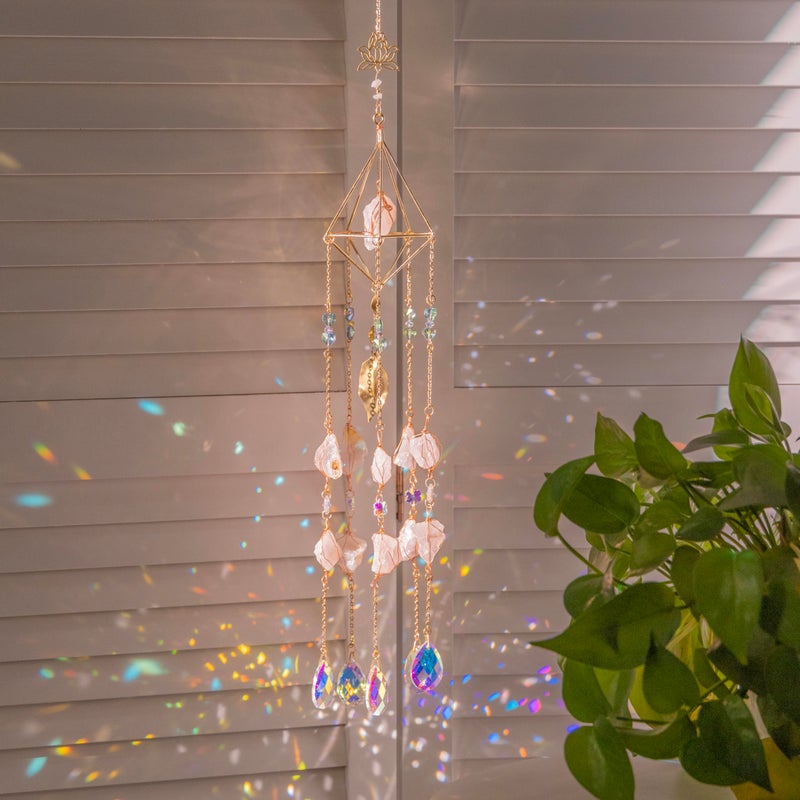 Dreamsum Rose Quartz Crystal Window Suncatcher, Healing Rose Quartz Crystal Decor for Home Garden, Gift for Christmas Birthday Valentine Mothers Day to Lover Parents Friends - Image 1