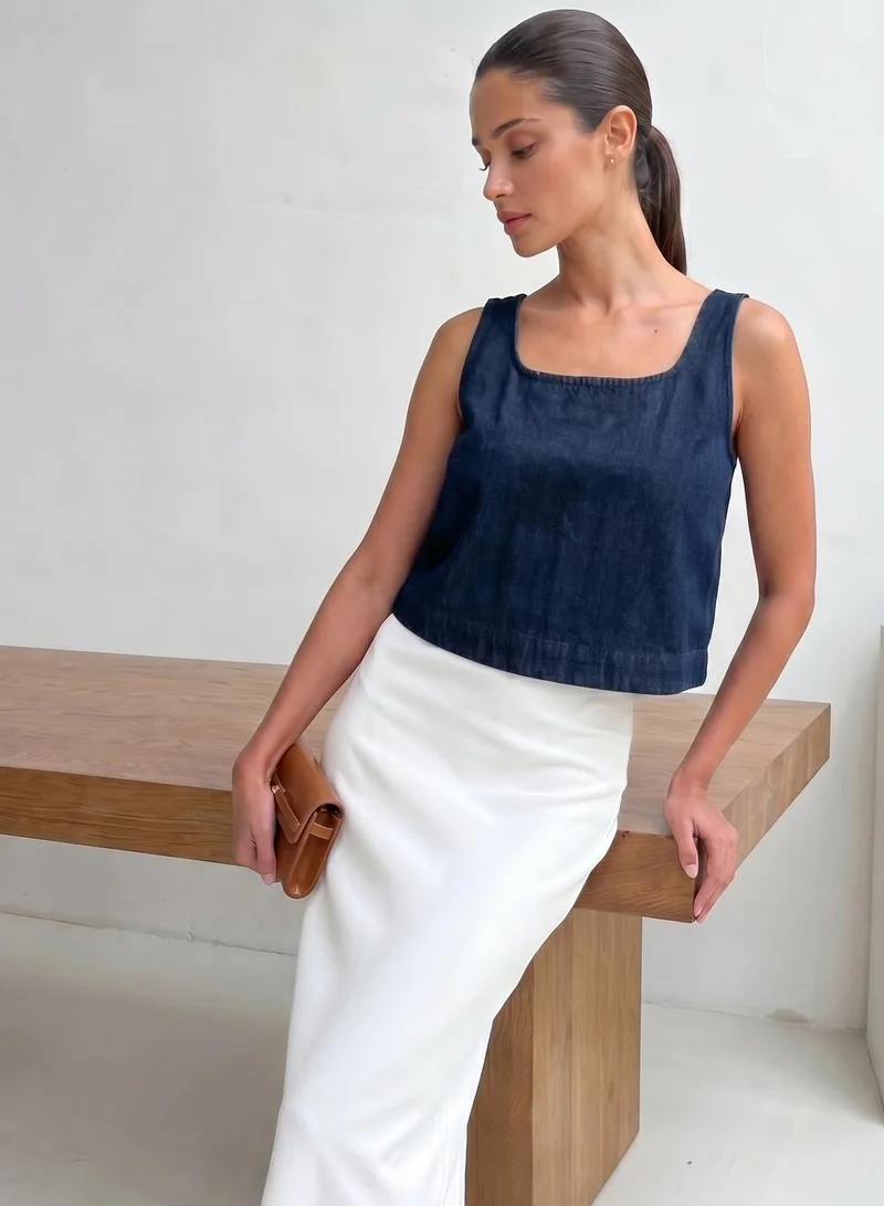 دينيس لينغو Women Blue 100% Cotton Distressed Tank Top Regular Tops