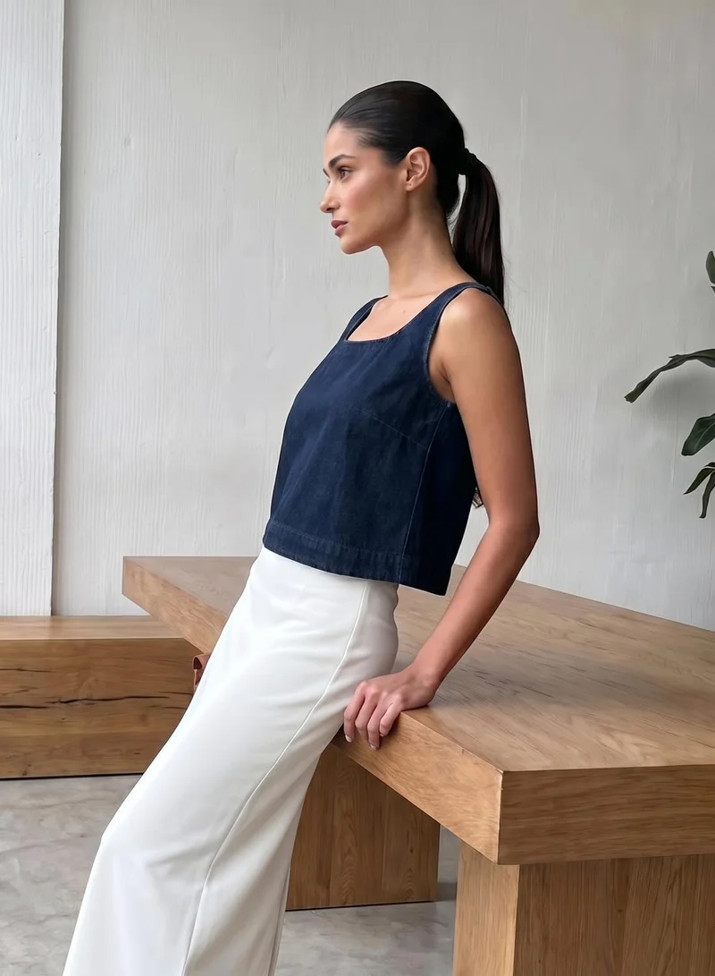 دينيس لينغو Women Blue 100% Cotton Distressed Tank Top Regular Tops