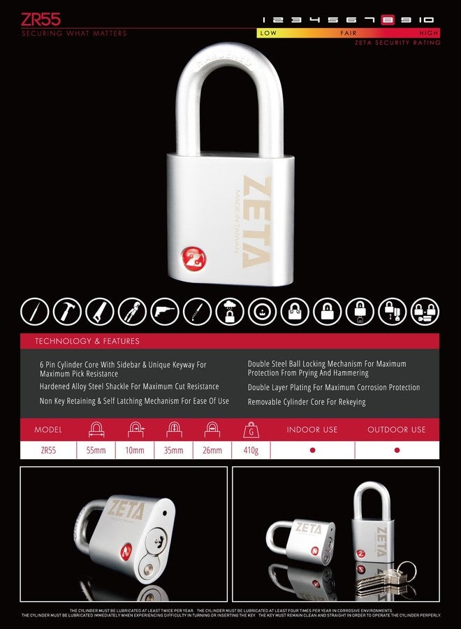 ZETA ZR55 High Security 6-Pin Dimple Slider with Sidebar Cut Pick Resistant Locksport 55mm Width Padlock - Image 4