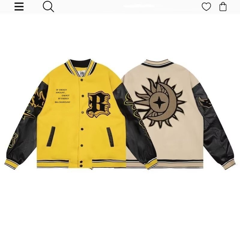 American Retro Flame Element Letter Yellow Baseball Suit For Men And Women National Fashion Street Couple Jacket Coat - Image 2