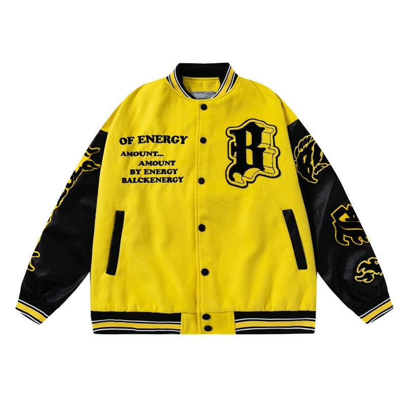 American Retro Flame Element Letter Yellow Baseball Suit For Men And Women National Fashion Street Couple Jacket Coat - Image 3
