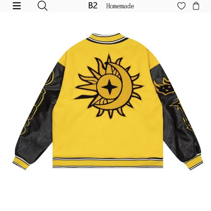 American Retro Flame Element Letter Yellow Baseball Suit For Men And Women National Fashion Street Couple Jacket Coat - Image 1