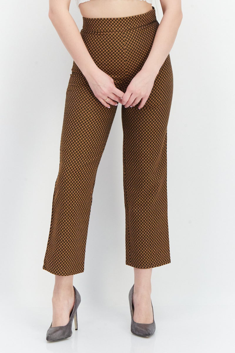 Pull & Bear Women Regular Fit Allover Print Pant, Brown Combo  - Image 1