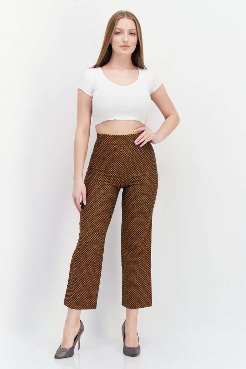 Pull & Bear Women Regular Fit Allover Print Pant, Brown Combo  - Image 3