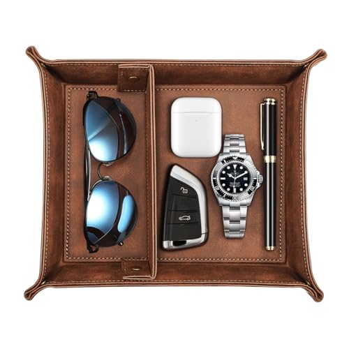 SITHON Valet Tray Desktop Storage Organizer Removable 2 Compartments Catchall Tray Bedside Vanity Nightstand Caddy Holder Desk Storage Plate Brown