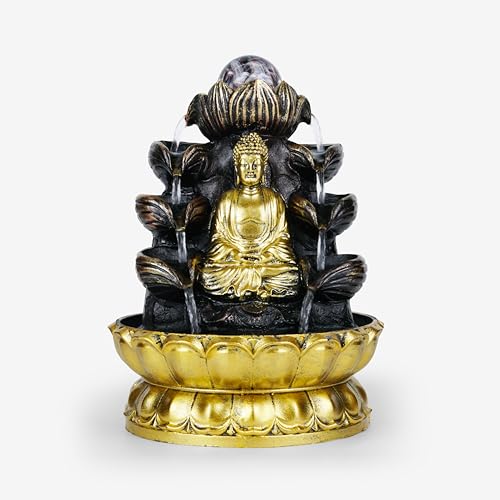 HOME ELEMENTS Tabletop Lord Buddha Waterfall Fountain with Crystal Ball for Home Decor Desktop Showpiece Fountain for Living Room Housewarming Gift Office Zen Water Fountain-20.5x20.5x26cm (FT_07) - Image 1