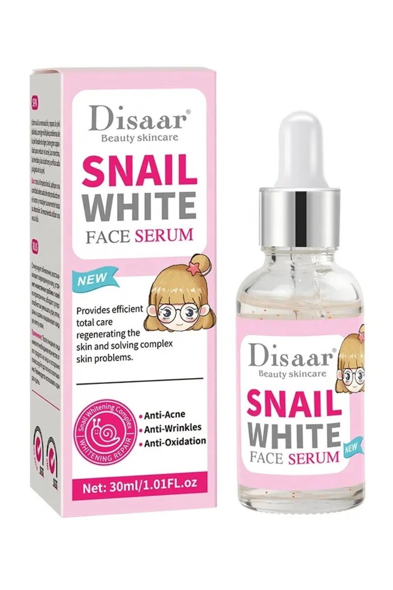 Disaar سيروم الوجه الأبيض من الحلزون 30 مل للعناية بالبشرة المتقدمة، مغذي، مبيض، مشرق، لعلاج حب الشباب، مرطب، علاج للوجه، مرطب مضاد للتجاعيد، مضاد للشيخوخة، جوهر مبيض - Image 1