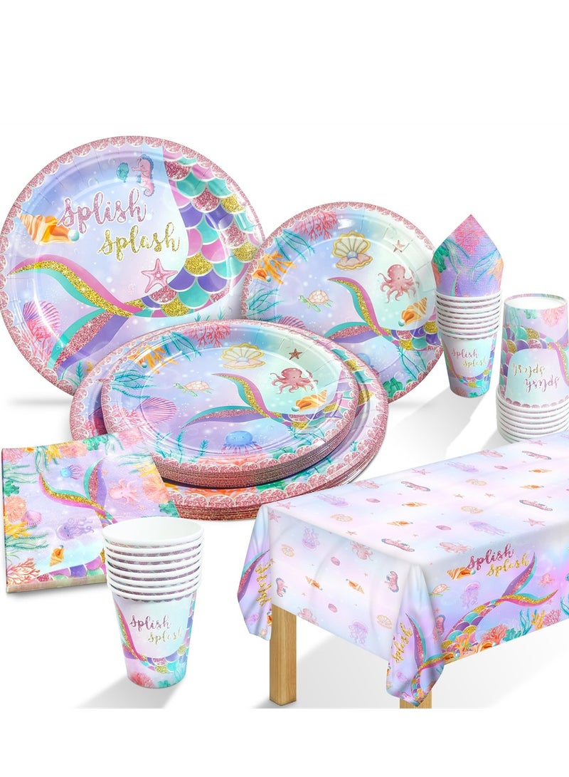 SYOSI Mermaid Decorations Celebration Set, Service for 20 People Mermaid Birthday Decor Supplies Tableware for Girls Mermaid Party Supplies with Plates, Dessert Plates, Cups, Napkins, Tablecloth  - Image 1