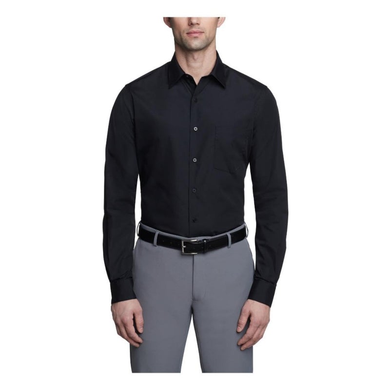 Van Heusen قميص رسمي للرجال من فان هيوزن بتصميم ضيق، قطن بوبلين سادة، أسود، 16.5" رقبة 36"-37" كم - Image 1