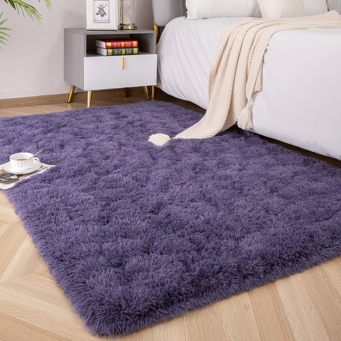 SOFT FLUFFY AREA RUGS FOR BEDROOM KIDS ROOM PLUSH SHAGGY NURSERY RUG FURRY THROW CARPETS FOR BOYS GIRLS COLLEGE DORM FUZZY RUGS LIVING ROOM HOME DECORATE RUG 3FT X 5FT GREY PURPLE