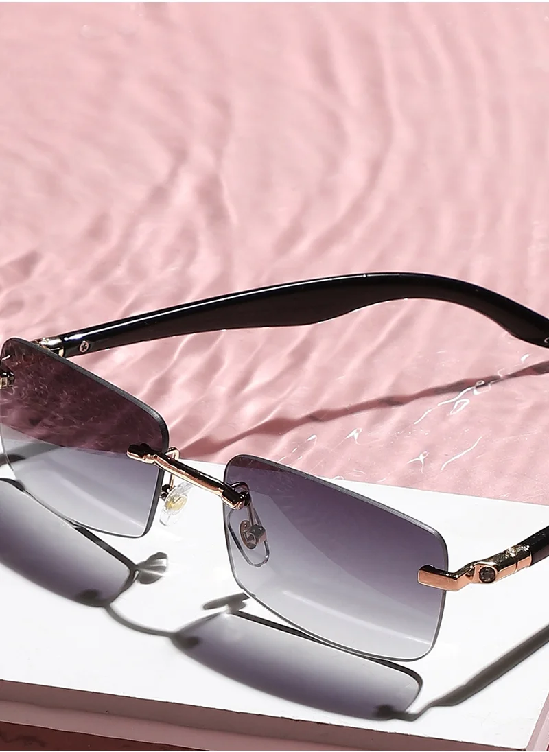 Haute Sauce Haute Sauce Women's Gradient Rectangular Sunglasses - Black Frame | Grey Polycarbonate Lens For Casual Wear | One-Size | Rimless Polarized Lens | Alloy Sunglass For Everyday Wear
