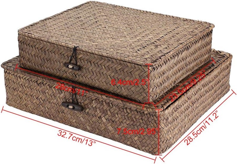 Hipiwe Set of 2 Flat Woven Wicker Storage Bins with Lid Natural Seagrass Basket Boxes Multipurpose Home Organizer Bins Boxes for Shelf Organizer (Coffee) - Image 5