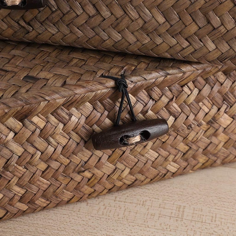 Hipiwe Set of 2 Flat Woven Wicker Storage Bins with Lid Natural Seagrass Basket Boxes Multipurpose Home Organizer Bins Boxes for Shelf Organizer (Coffee) - Image 3