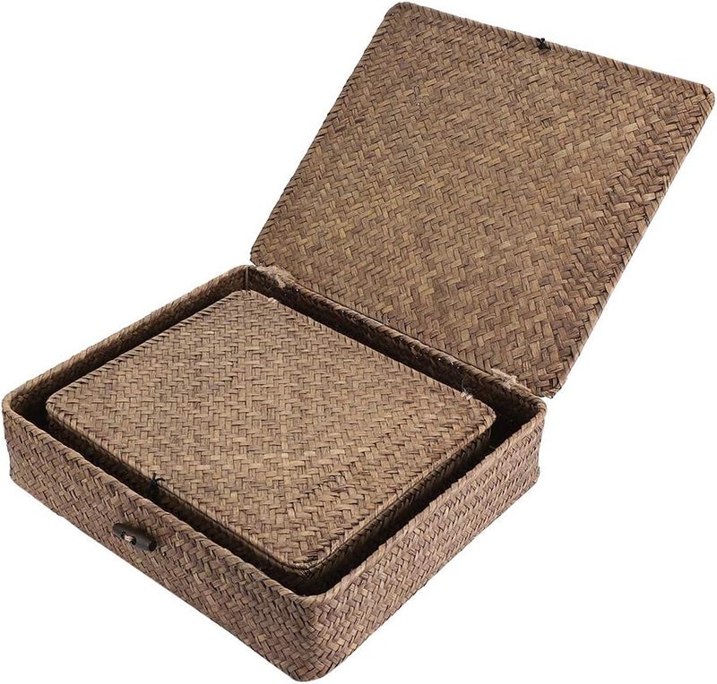 Hipiwe Set of 2 Flat Woven Wicker Storage Bins with Lid Natural Seagrass Basket Boxes Multipurpose Home Organizer Bins Boxes for Shelf Organizer (Coffee) - Image 4