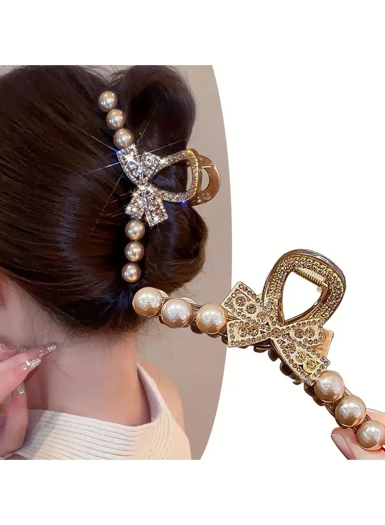 Goolsky 1pc Elegant Large Bowknot Hair Claw with Pearls & Crystals - Golden-Toned French Design Shark Clip for Thick Hair, Shark Hair Clip - Image 4