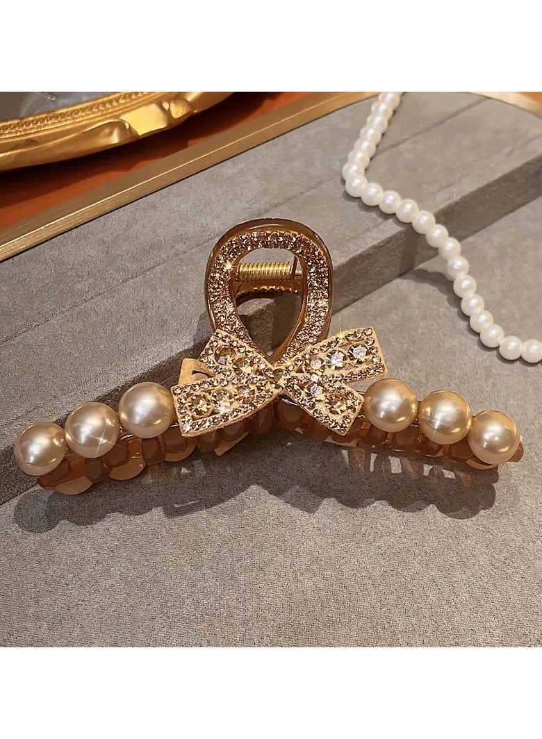 Goolsky 1pc Elegant Large Bowknot Hair Claw with Pearls & Crystals - Golden-Toned French Design Shark Clip for Thick Hair, Shark Hair Clip - Image 5