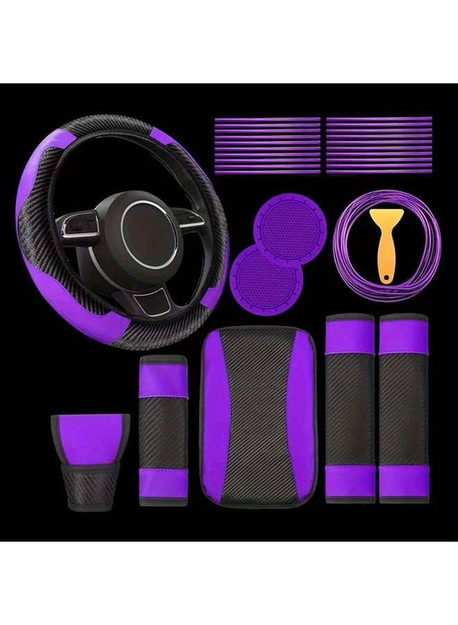 Blue Carbon Fiber PU Leather Steering Wheel Cover Set With Air Vent Trim 30PCS - Image 1