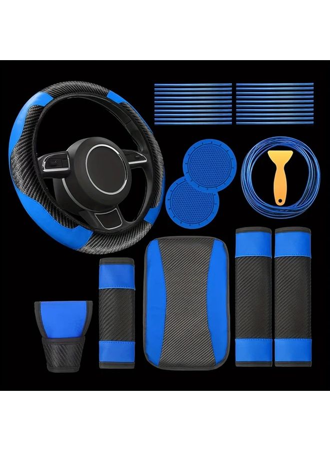 Blue Carbon Fiber PU Leather Steering Wheel Cover Set With Air Vent Trim 30PCS - Image 3