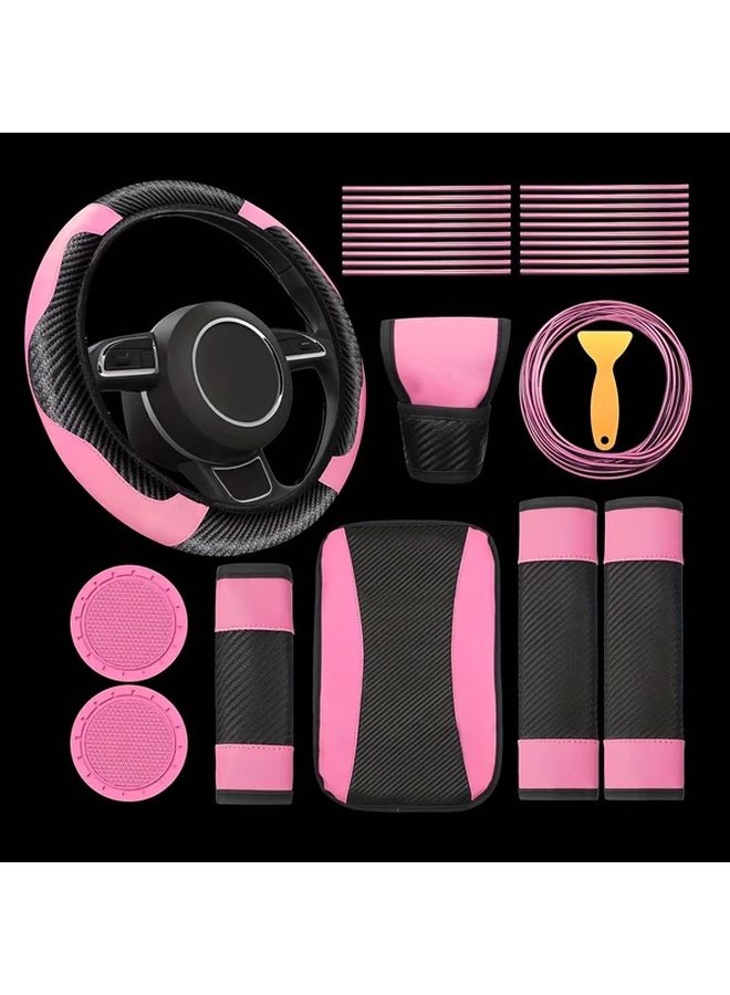 Blue Carbon Fiber PU Leather Steering Wheel Cover Set With Air Vent Trim 30PCS - Image 5