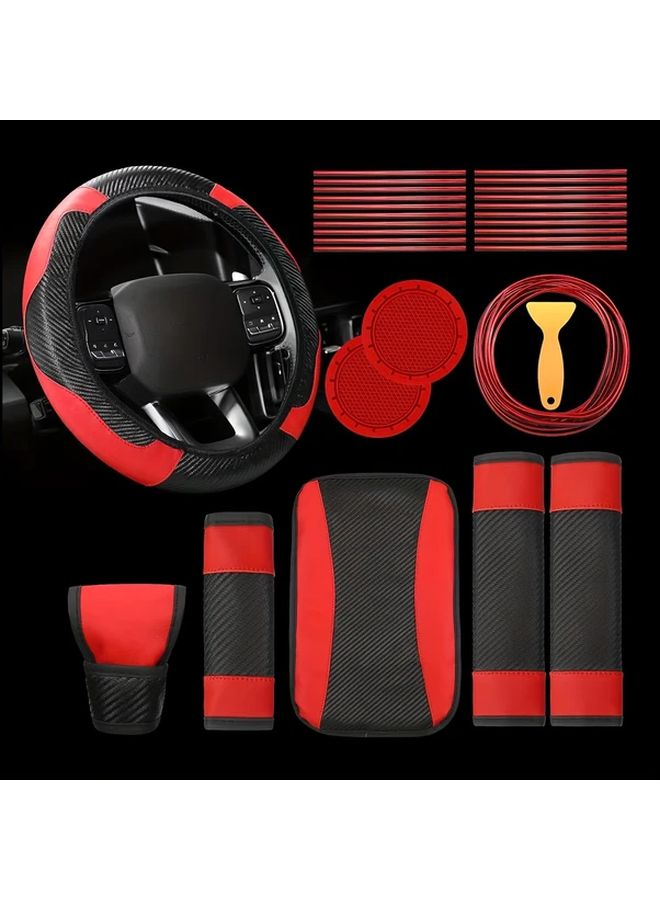 Blue Carbon Fiber PU Leather Steering Wheel Cover Set With Air Vent Trim 30PCS - Image 2