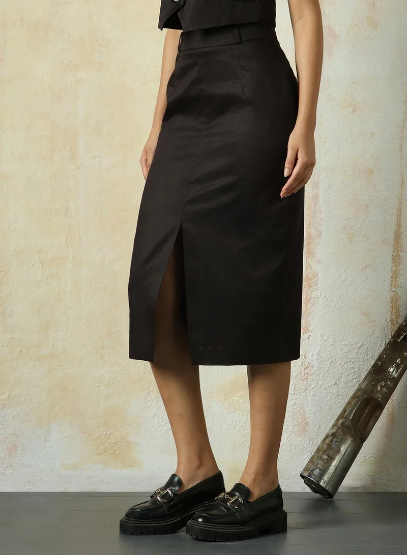 HIGH STAR Women's Black Cotton Blend Solid Midi Pencil Slim Fit Skirt